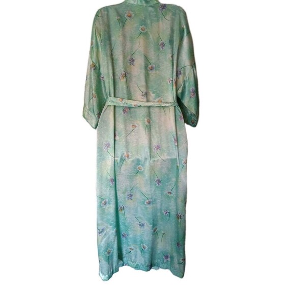 Inner Most Long Kimono Robe Size Medium Satin Teal Green Floral Print Tie Belt - Picture 2 of 6
